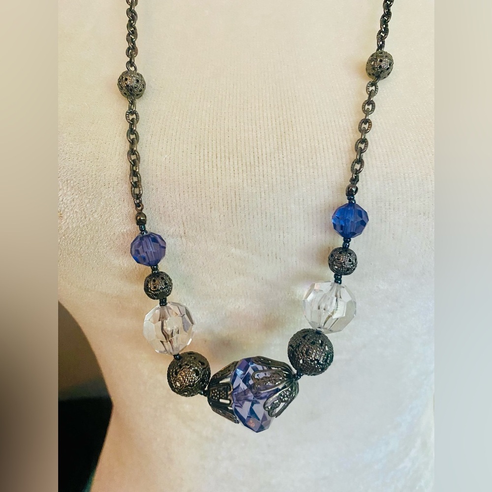 19” Blue and Silver Beaded Bohemian Necklace